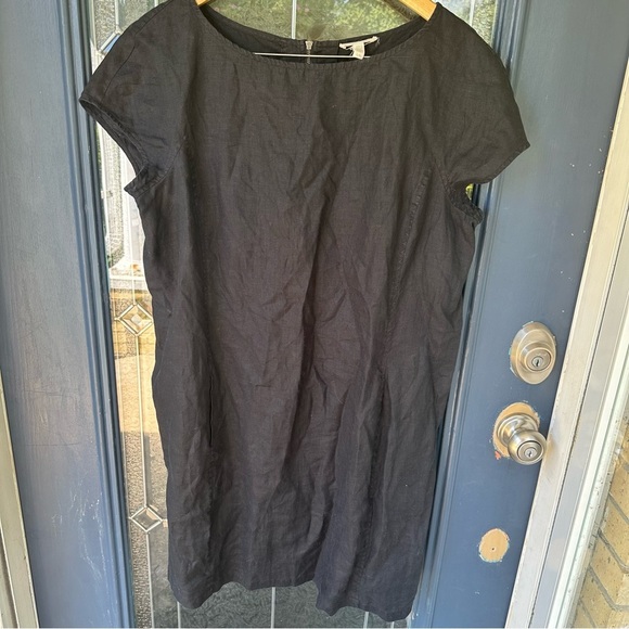 Eileen Fisher Organic Linen Black Boxy Pockets Baggy Midi Short Sleeve Dress - Picture 1 of 6
